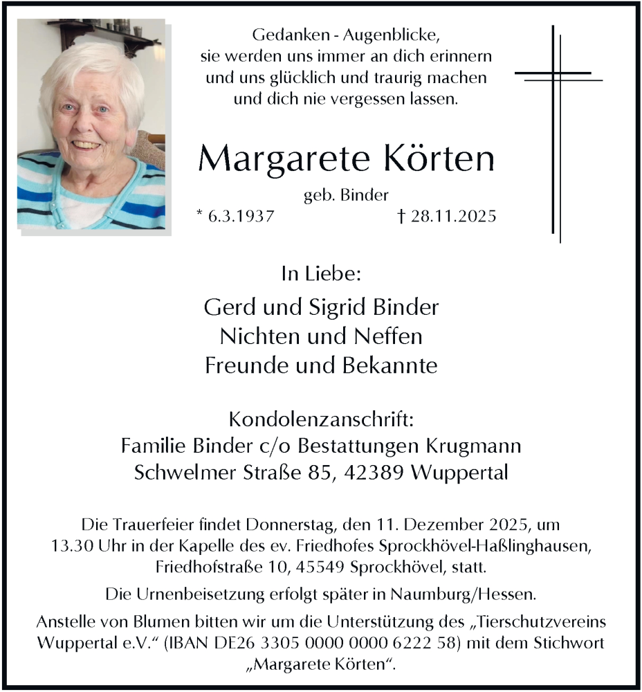  Traueranzeige für Margarete Körten vom 06.12.2025 aus Tageszeitung