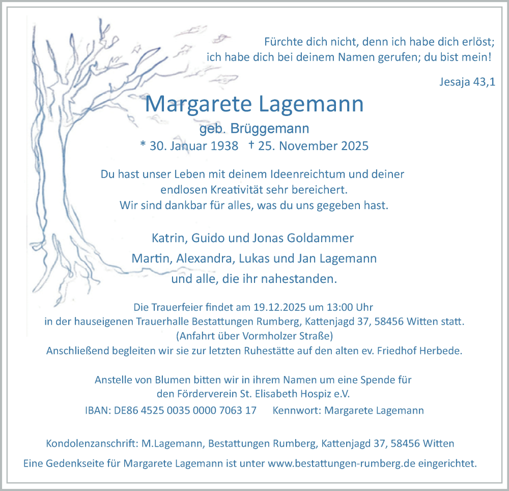  Traueranzeige für Margarete Lagemann vom 13.12.2025 aus Tageszeitung