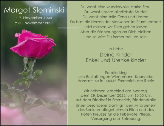 Traueranzeige von Margot Slominski von Tageszeitung