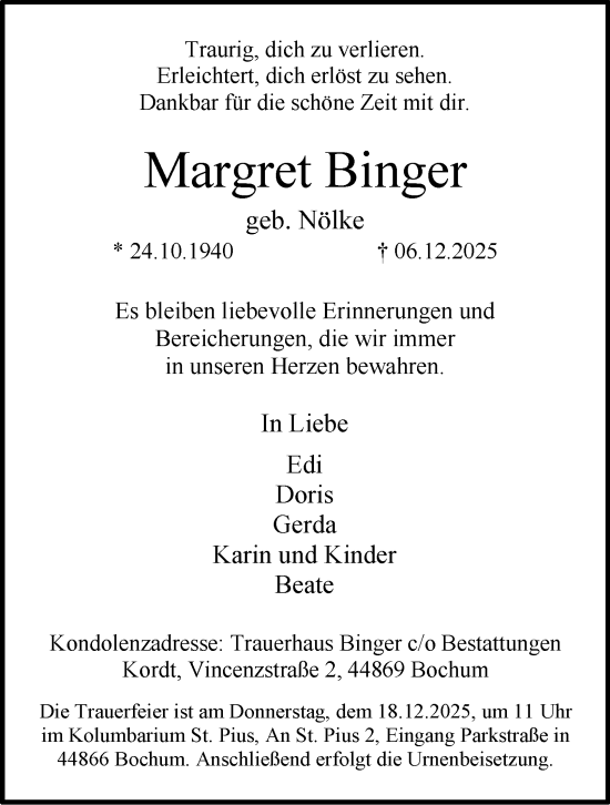 Traueranzeige von Margret Binger von Tageszeitung