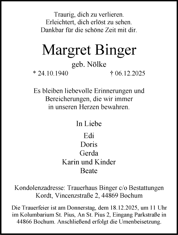  Traueranzeige für Margret Binger vom 13.12.2025 aus Tageszeitung