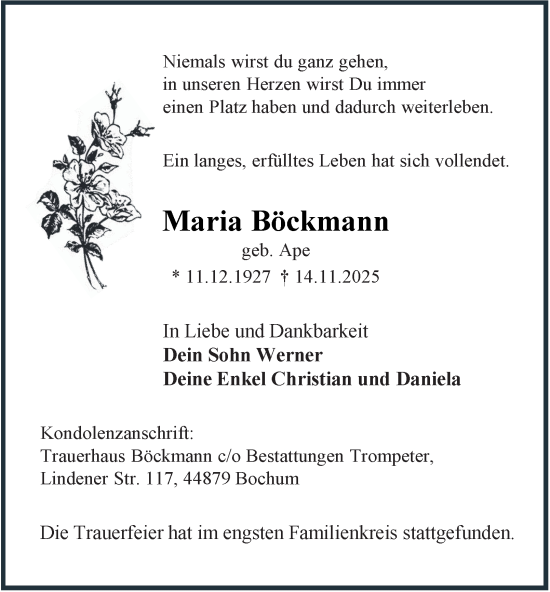 Traueranzeige von Maria Böckmann von Tageszeitung