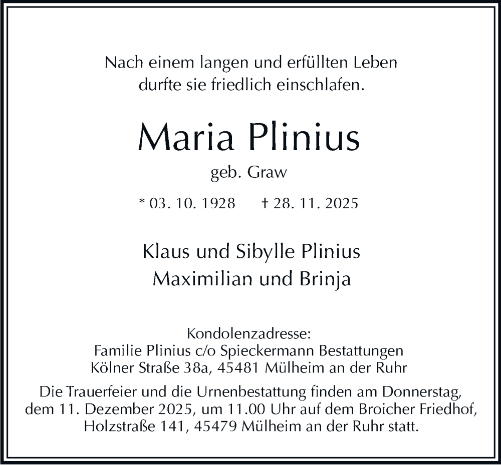  Traueranzeige für Maria Plinius vom 06.12.2025 aus Tageszeitung