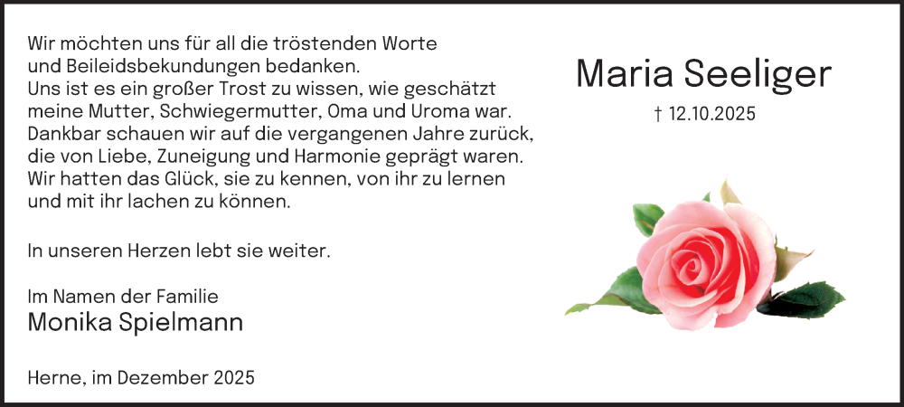  Traueranzeige für Maria Seeliger vom 06.12.2025 aus Tageszeitung