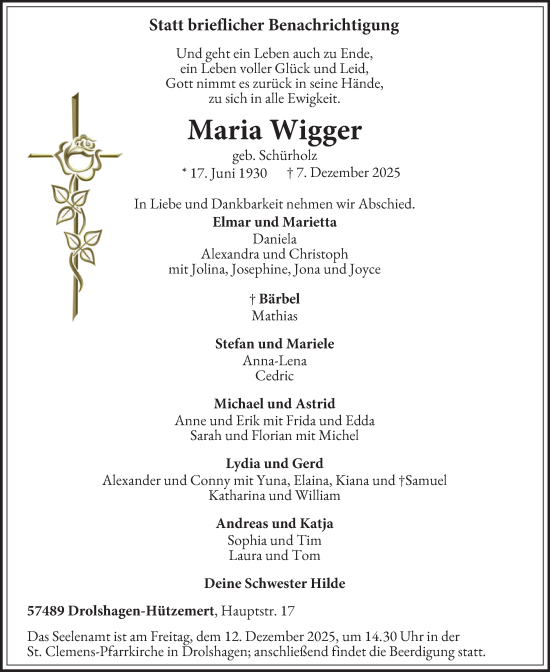 Traueranzeige von Maria Wigger von Tageszeitung