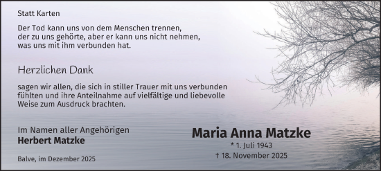 Traueranzeige von Maria Anna Matzke von Tageszeitung