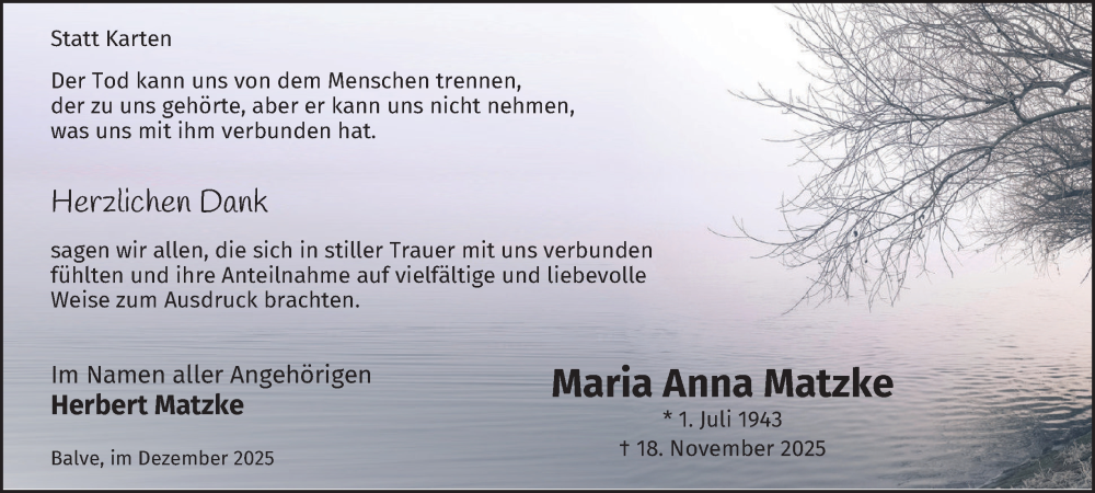  Traueranzeige für Maria Anna Matzke vom 20.12.2025 aus Tageszeitung