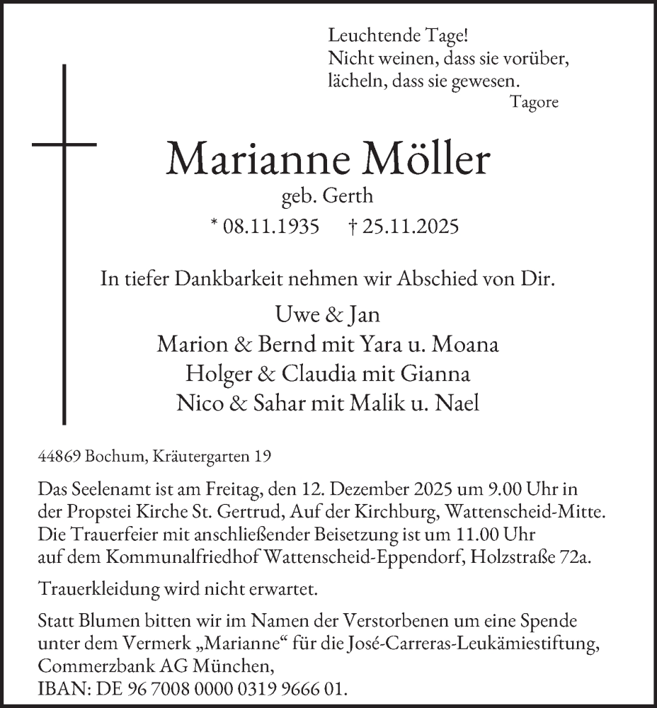  Traueranzeige für Marianne Möller vom 06.12.2025 aus Tageszeitung