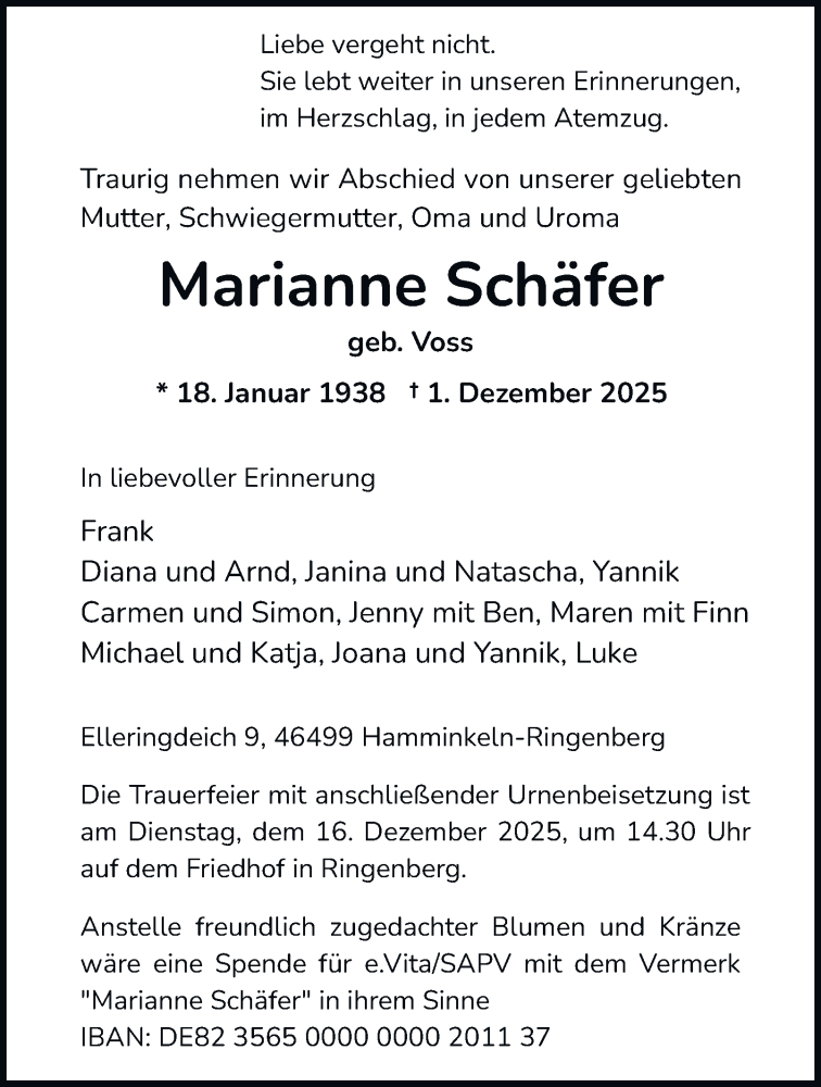  Traueranzeige für Marianne Schäfer vom 06.12.2025 aus Tageszeitung