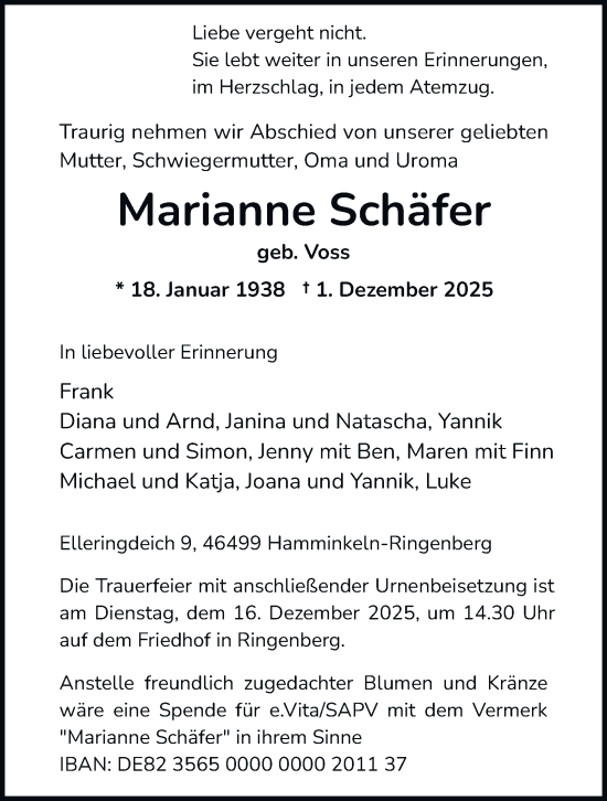 Traueranzeige von Marianne Schäfer von Tageszeitung