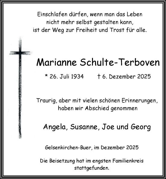 Traueranzeige von Marianne Schulte-Terboven von Tageszeitung