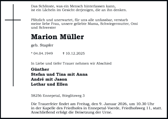 Traueranzeige von Marion Müller von Tageszeitung