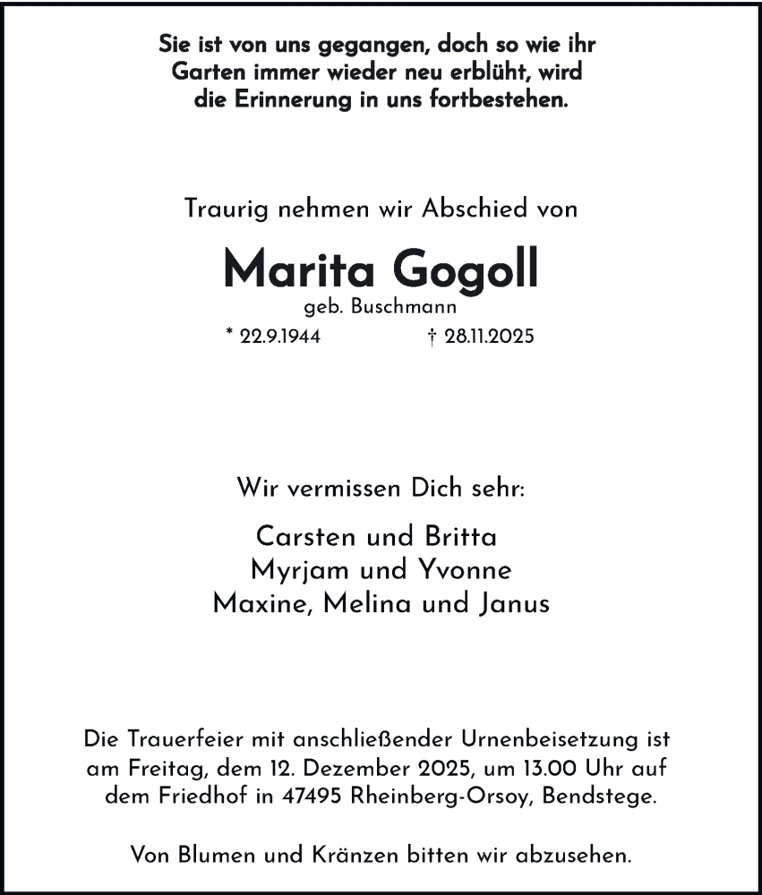  Traueranzeige für Marita Gogoll vom 06.12.2025 aus Tageszeitung