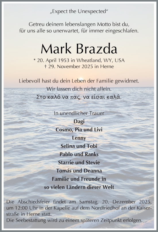 Traueranzeige von Mark Brazda von Tageszeitung