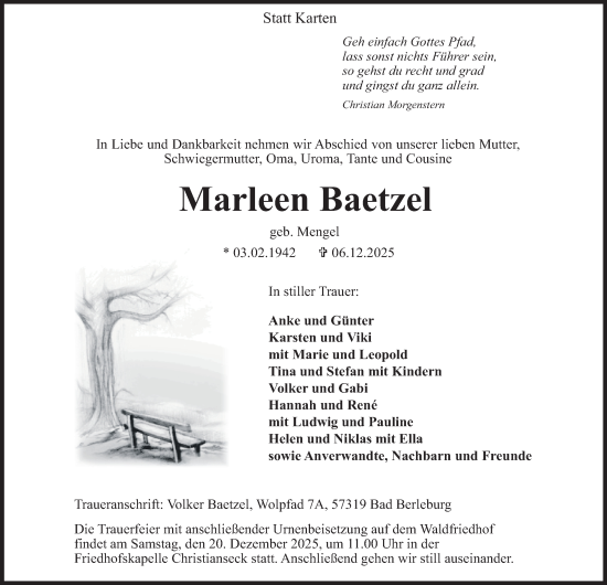 Traueranzeige von Marleen Baetzel von Tageszeitung