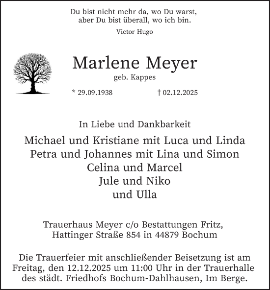 Traueranzeige von Marlene Meyer von Tageszeitung