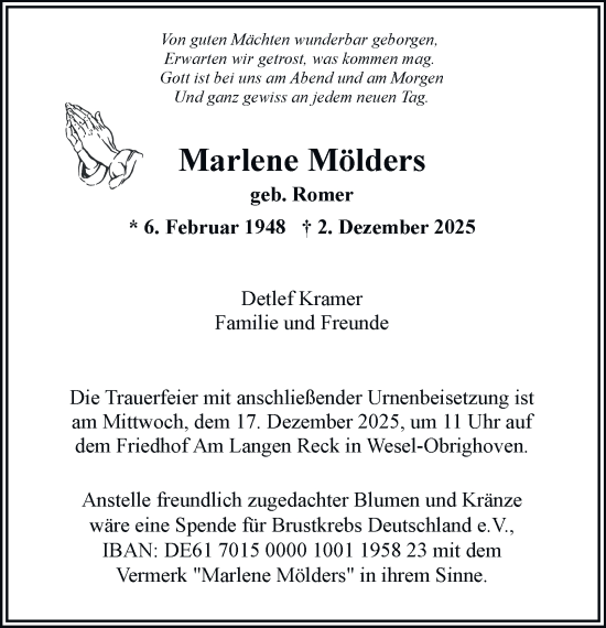 Traueranzeige von Marlene Mölders von Tageszeitung