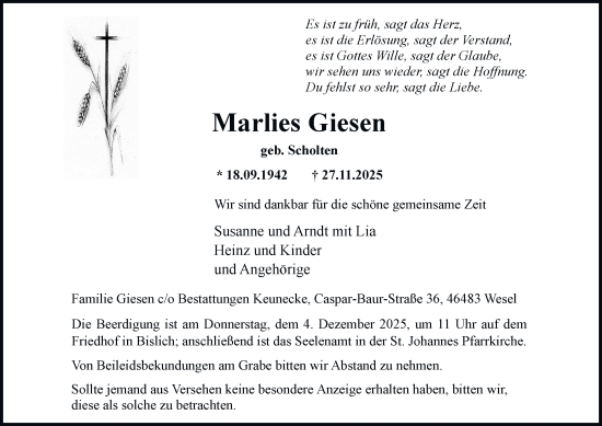 Traueranzeige von Marlies Giesen von Tageszeitung