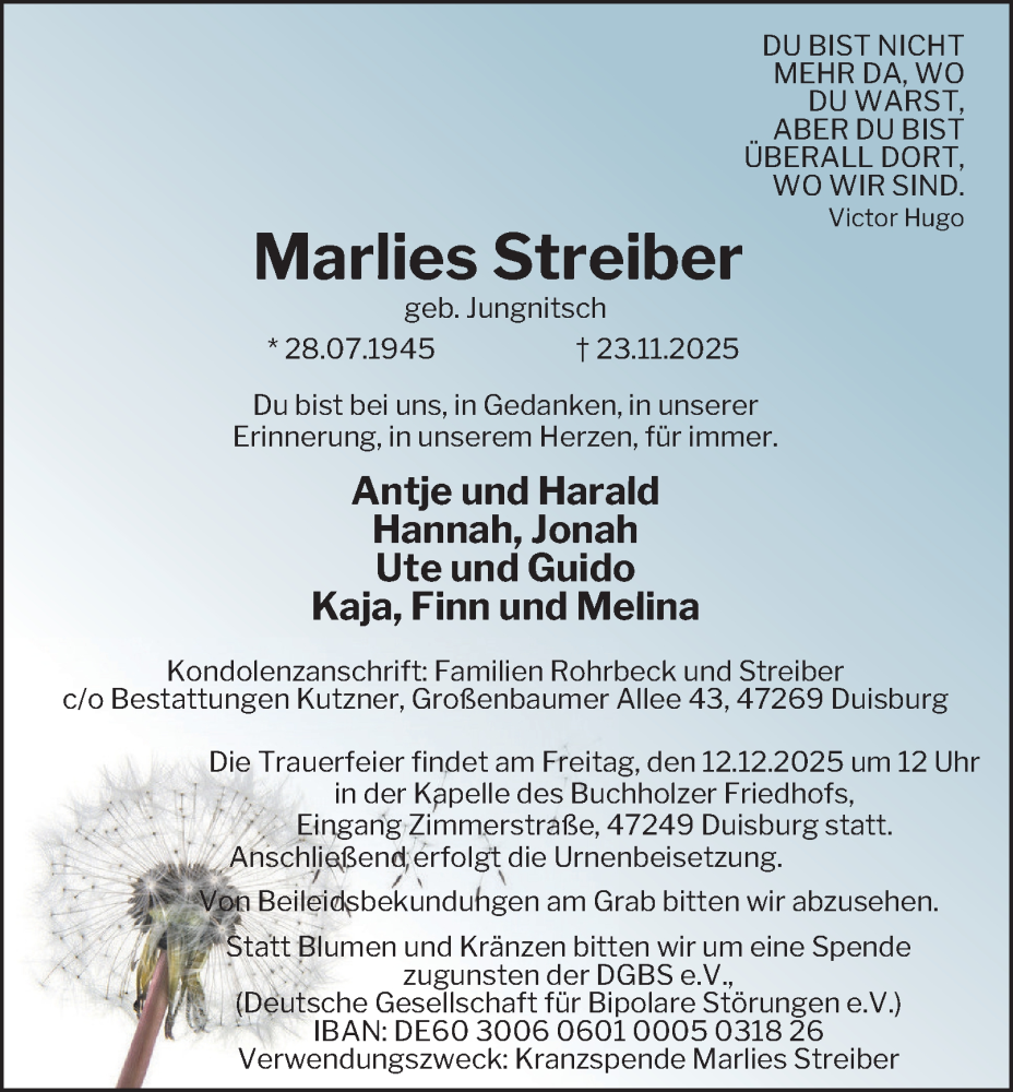  Traueranzeige für Marlies Streiber vom 06.12.2025 aus Tageszeitung