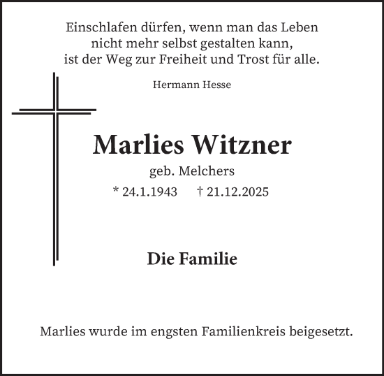 Traueranzeige von Marlies Witzner von Tageszeitung