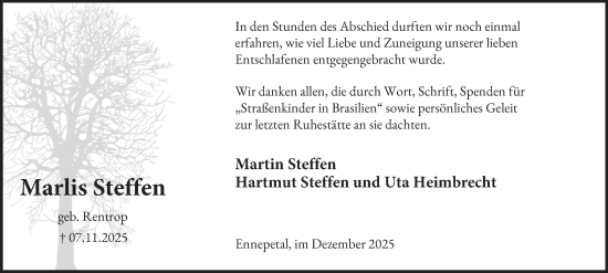 Traueranzeige von Marlis Steffen von Tageszeitung