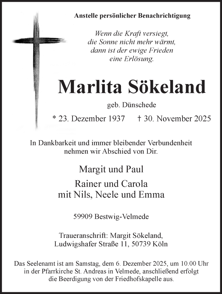  Traueranzeige für Marlita Sökeland vom 04.12.2025 aus Tageszeitung