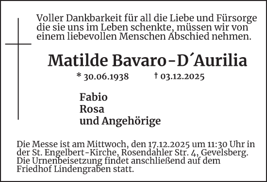 Traueranzeige von Matilde Bavaro-DAurilia von Tageszeitung