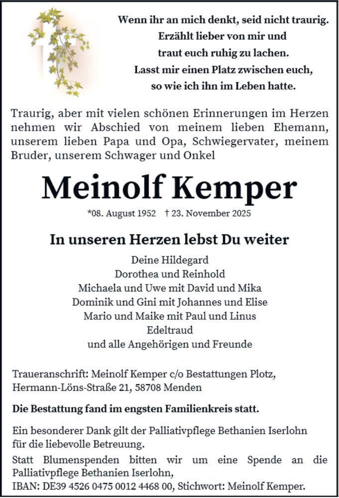  Traueranzeige für Meinolf Kemper vom 06.12.2025 aus Tageszeitung