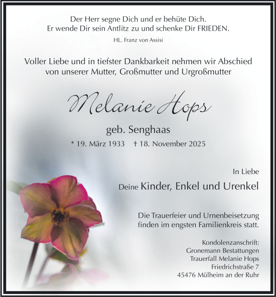 Traueranzeige von Melanie Hops von Tageszeitung