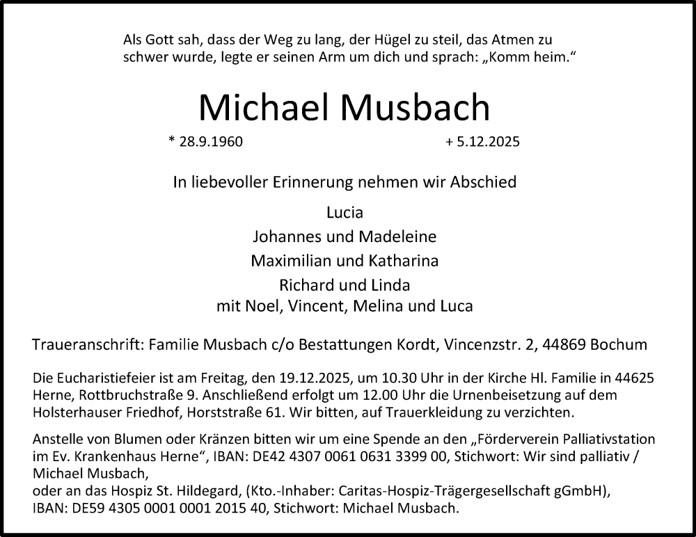  Traueranzeige für Michael Musbach vom 13.12.2025 aus Tageszeitung