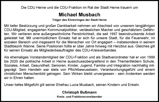 Traueranzeige von Michael Musbach von Tageszeitung