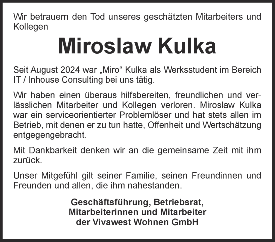 Traueranzeige von Miroslaw Kulka von Tageszeitung
