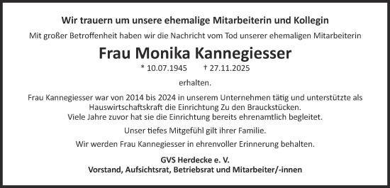 Traueranzeige von Monika Kannegiesser von Tageszeitung