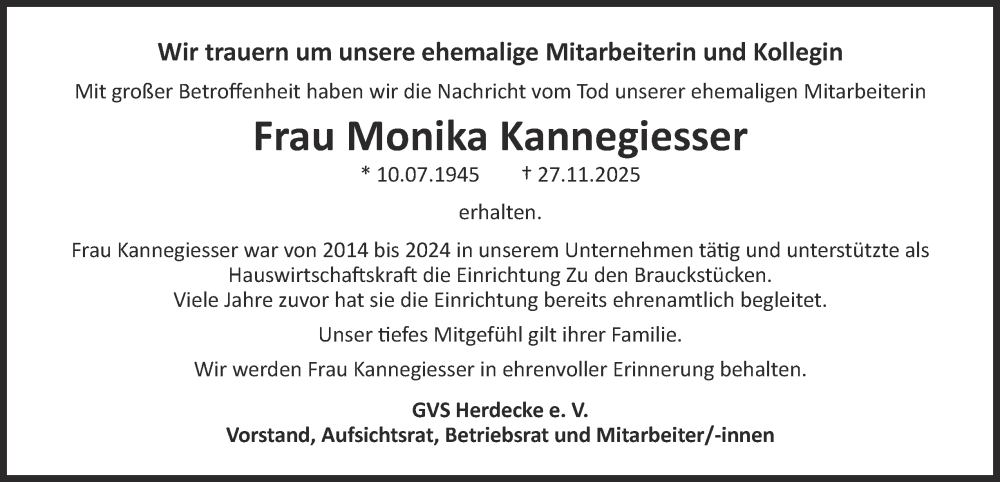  Traueranzeige für Monika Kannegiesser vom 10.12.2025 aus Tageszeitung