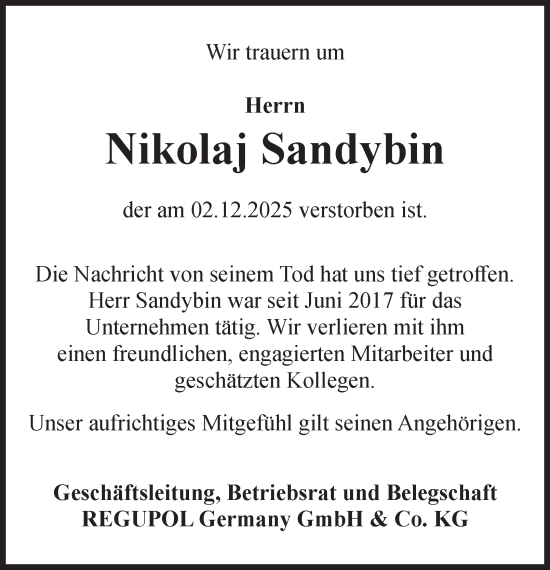 Traueranzeige von Nikolaj Sandybin von Tageszeitung