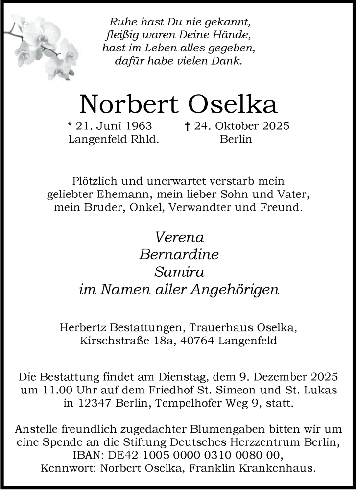  Traueranzeige für Norbert Oselka vom 06.12.2025 aus Tageszeitung