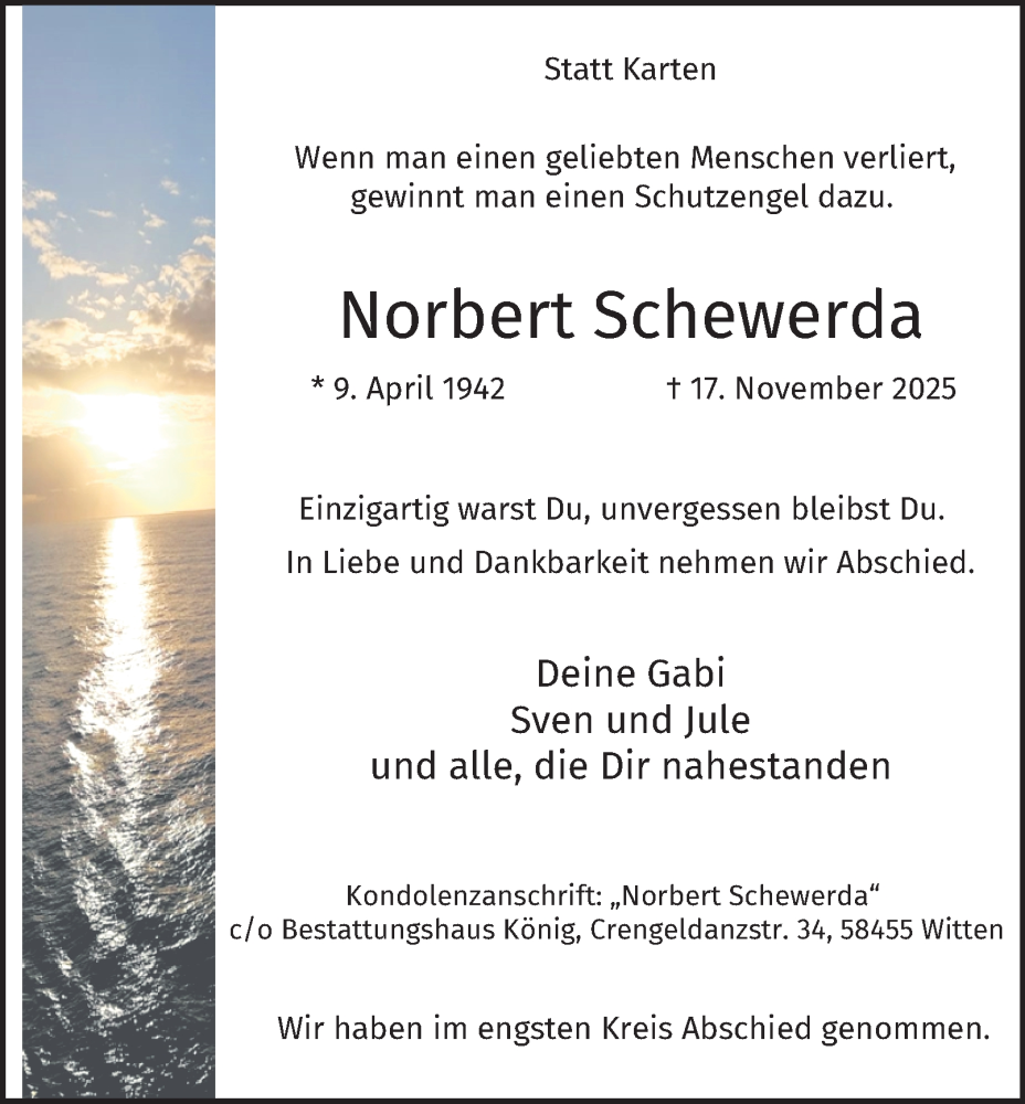  Traueranzeige für Norbert Schewerda vom 06.12.2025 aus Tageszeitung