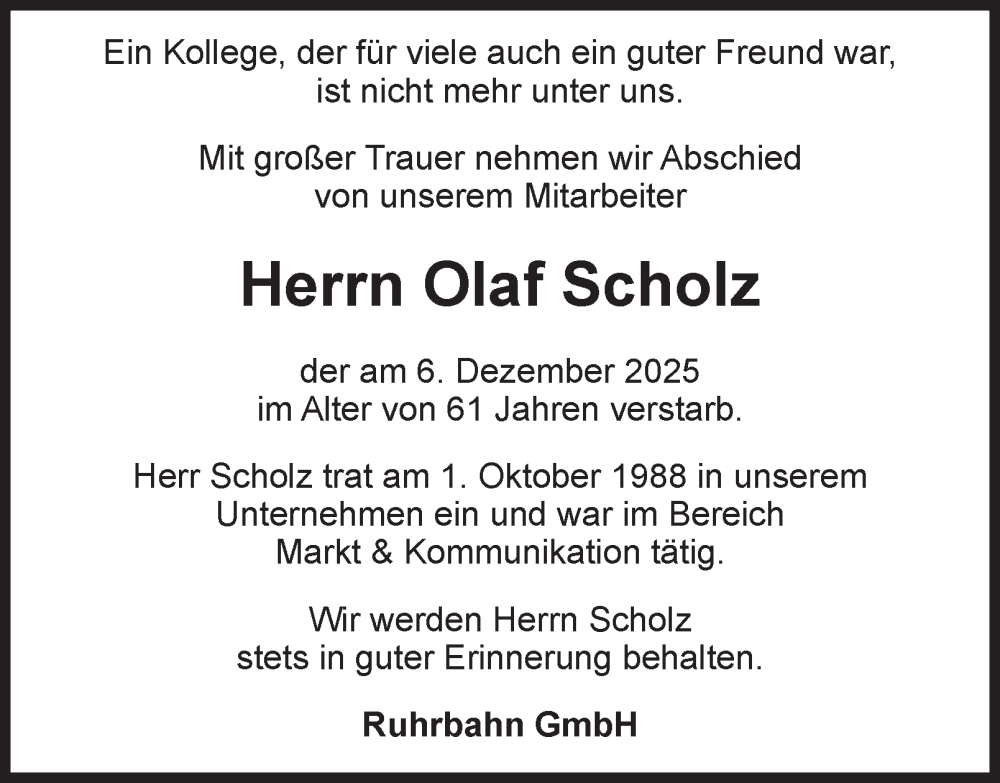  Traueranzeige für Olaf Scholz vom 13.12.2025 aus Tageszeitung