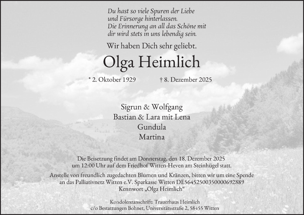  Traueranzeige für Olga Heimlich vom 13.12.2025 aus Tageszeitung
