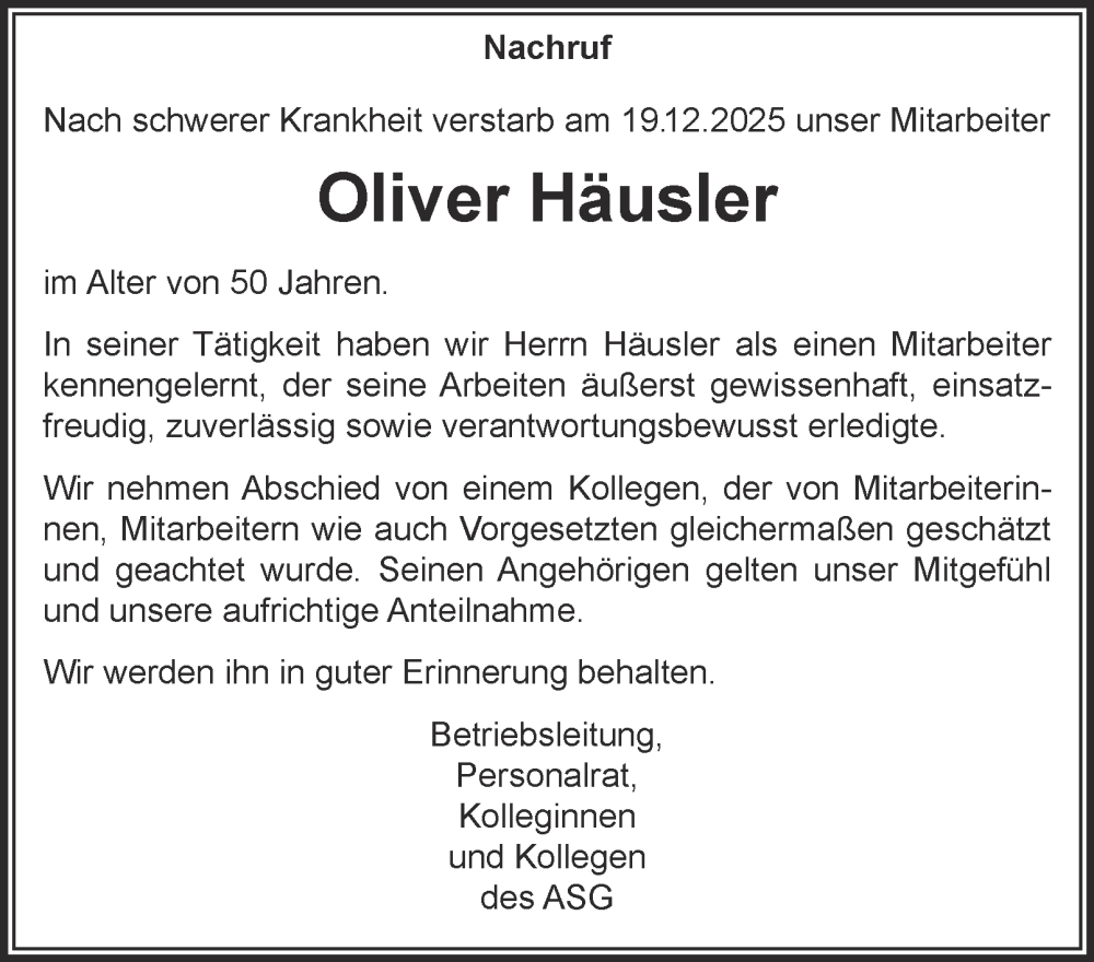  Traueranzeige für Oliver Häusler vom 27.12.2025 aus Tageszeitung