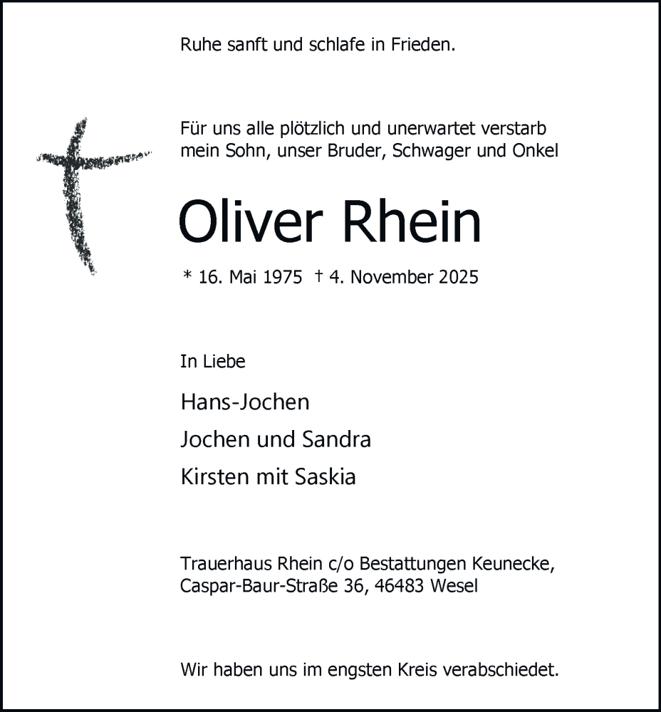 Traueranzeige für Oliver Rhein vom 04.12.2025 aus Tageszeitung