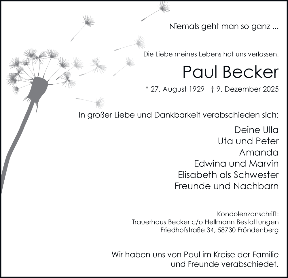  Traueranzeige für Paul Becker vom 20.12.2025 aus Tageszeitung
