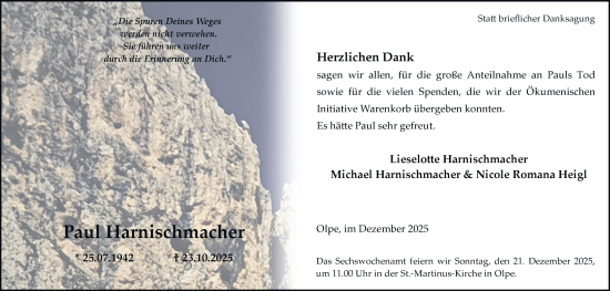 Traueranzeige von Paul Harnischmacher von Tageszeitung