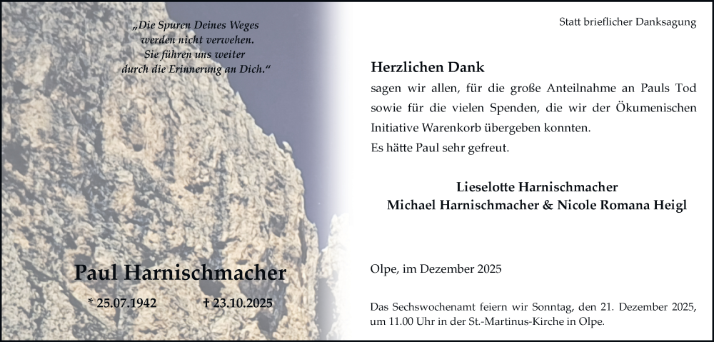  Traueranzeige für Paul Harnischmacher vom 17.12.2025 aus Tageszeitung