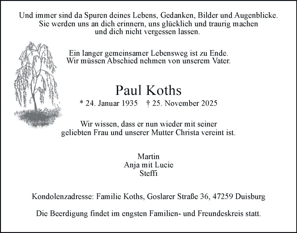  Traueranzeige für Paul Koths vom 06.12.2025 aus Tageszeitung