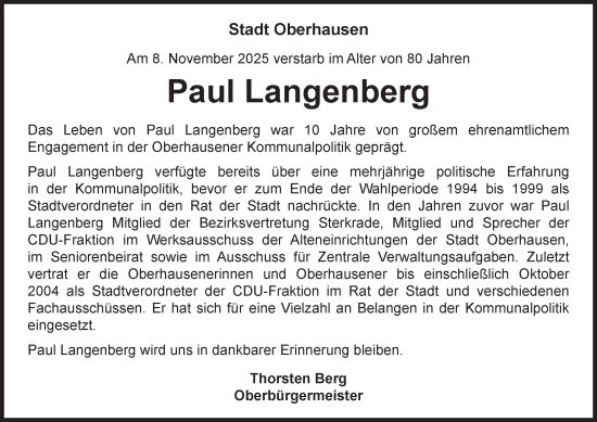 Traueranzeige von Paul Langenberg von Tageszeitung