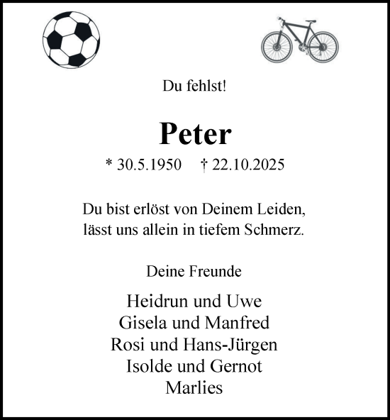 Traueranzeige von Peter Herbeck von Tageszeitung