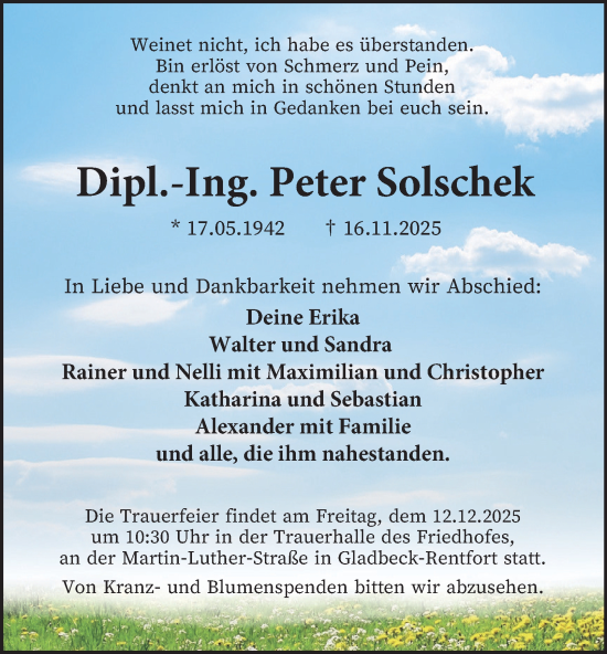 Traueranzeige von Peter Solschek von Tageszeitung
