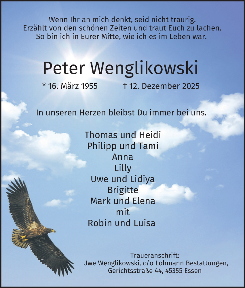  Traueranzeige für Peter Wenglikowski vom 20.12.2025 aus Tageszeitung
