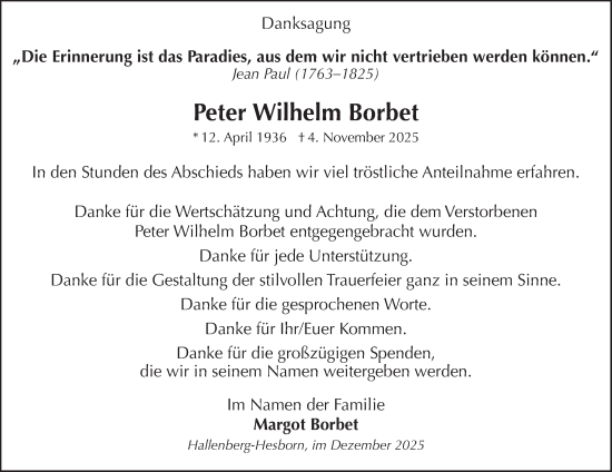Traueranzeige von Peter Wilhelm Borbet von Tageszeitung